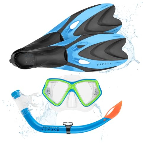 Osprey Snorkel Set with Mask, Snorkel Tube & Flippers, Tempered Glass Lens, Silicone Skirt and Purge Valve, Snorkelling & Scuba Diving Gear for Kids, Shoe Size 12-1