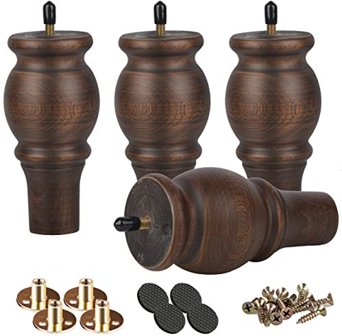 Btowin 15cm Holz Möbelfüße, 4 Stück Glasur Round Spindel Massivholz Tischbeine Kugelfüße mit M8 Bolzen & Montageplatten & Schrauben für Sofa Couchtisch Schrank Stuhl Ottomane