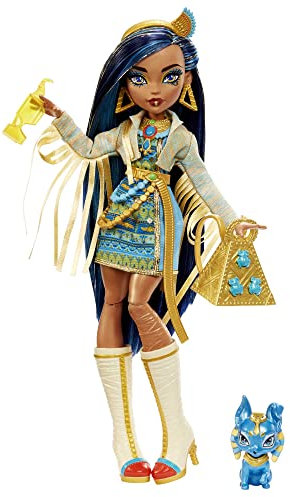 Monster High Poupée Cleo De Nile avec Accessoires Et Animal De Compagnie, Poupée Mode Articulée, Cheveux avec Mèches Bleues, Jouet Enfant, Dès 3 Ans, HHK54