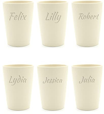 Magu 6 Personalisierte Becher aus Biopolymer (100% Erdölfrei) mit Namen | 6er Set Trinkbecher + Individuelle Namensgravur Zahnputzbecher Natur Design 6 Stück naturweiß