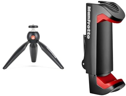 Manfrotto PIXI Trépied de Table pour Appareil Photo Numérique, fabriqué en Italie, Noir, MTPIXIMII-B & MCPIXI - Pince Universelle pour Smartphone, Version Pro