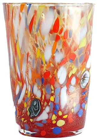Venetian Emporium Murano Glass Drinking Glass Tumbler Blue Yellow Orange Hand Made Millefiori 12cm (Red)