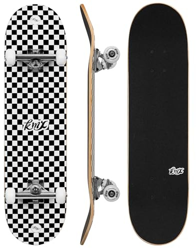 KMX Complete 31 x 8 Skateboard for Beginners, 7-Layer Canadian Maple Double Kick Concave Deck| Aluminum Alloy Trucks | 31 Inch Pro Skate Board for Boys, Girls, Kids, Teens, Adults(Checkered)