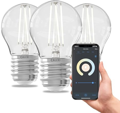 CALEX Lampadina LED Smart, E27, P45, Filamento, luce calda, Dimmerabile, controllo app Wi-Fi & vocale, Confezione da 3