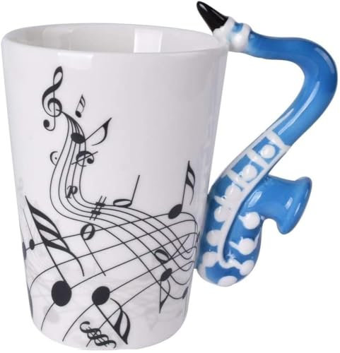 SuperglockT Lusitig Musik Motiv Kaffeetasse Saxophon Henkel Kaffeebecher Keramik Kakaobecher 240ml Porzellan Teetasse Geschenk Tasse für Musiklieber Mutter Freunden Ø7,5 H10cm (Blau)
