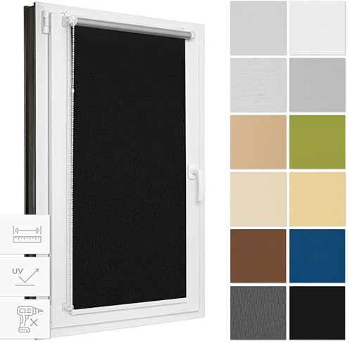 Estika Verdunklungsrollo ohne Bohren, Breite alle 1 cm - 127 cm x 150 cm - Schwarz - Thermorollo, Rollos für Fenster ohne Bohren, Sonnenschutz Fenster innen