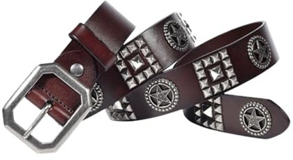 AGUTALITHIC Nietengürtel Leder Metall Punk Rock Hellen Pyramiden-Nieten Sterne in Kreisform Guertel Für Damen/Herren Punk-Ledergürtel Gotischer Gürtel Zubehör Für Jeanshosen(120cm/47, Coffee)