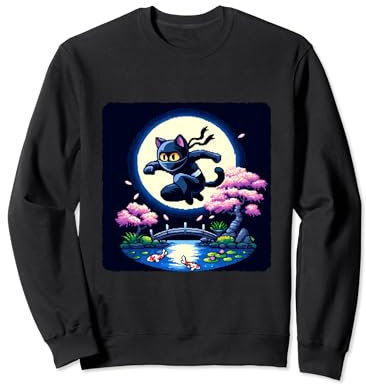 Gato Pixelado Ninja Maniobras a través de la noche iluminada por la luna. Traje Sudadera