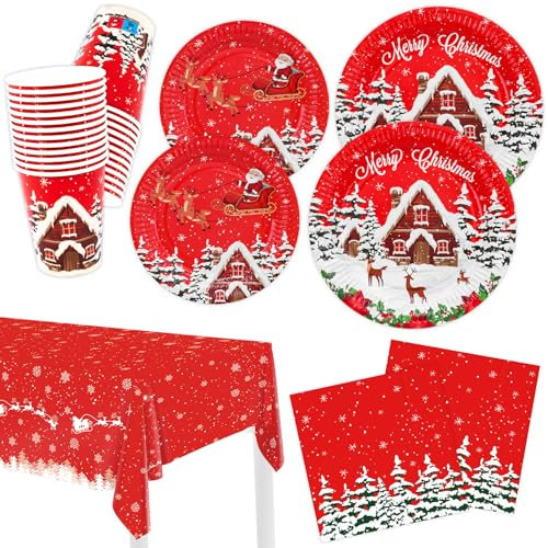 Weihnachtsteller Weihnachtsservietten Weihnachtsbecher 100er-Set Partygeschirr Schneeraum Pappteller Servietten Pappbecher mit Tischdecke Rot für Weihnachten