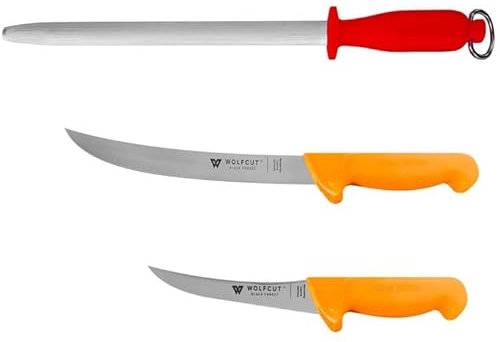 Wolfcut Gold Serie - Metzgermesser-Set 3-tlg. - Ausbeinmesser 15 cm gebogene flex Klinge, Zerlegemesser 21 cm, Wetzstahl oval 29 cm