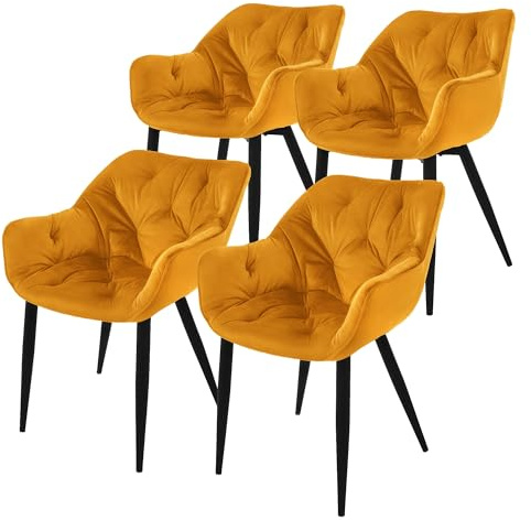 ML-Design Esszimmerstühle 4er Set Senfgelb, Küchenstuhl mit dickem Samtstoff gepolsterter Sitz, Metallbeinen, Wohnzimmerstuhl mit Rücken- und Armlehnen, Gesteppter Polsterstuhl, Ergonomischer Sessel