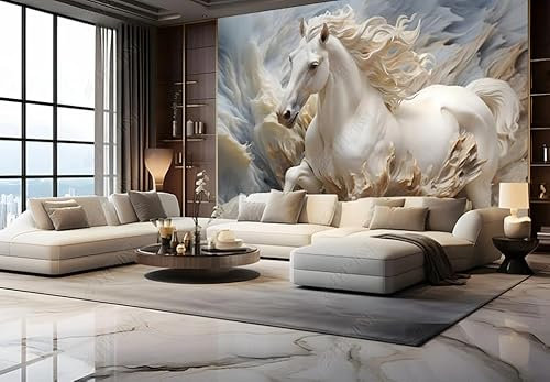 ZYHFDC Papier Peint Panoramique Relief en plâtre du cheval blanc Tableaux Muraux Tapisserie Photo Décoration Murale Salon Chambre 450CM(L)*315CM(H)