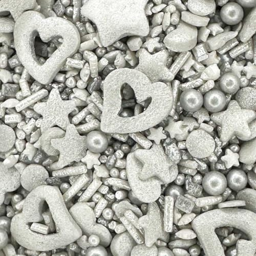 Sprinkletti - Silver - 100g Cake Topper Sprinkles - Shimmer Confetti, Hearts, Stars, Balls & Strands - Edible Cake Decorations - Birthday Cake Sprinkles