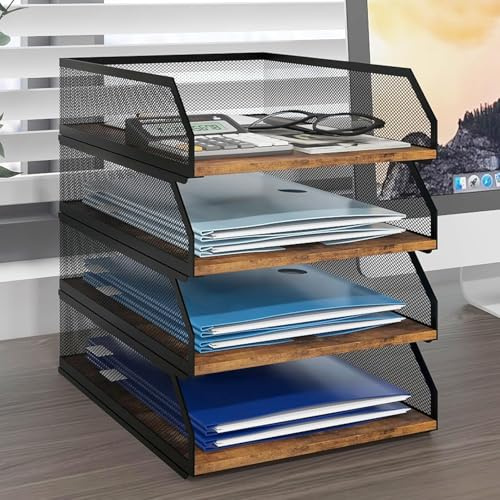 PUNCIA 4-Tier Stackable Paper Tray, Metal Mesh Desktop Organiser