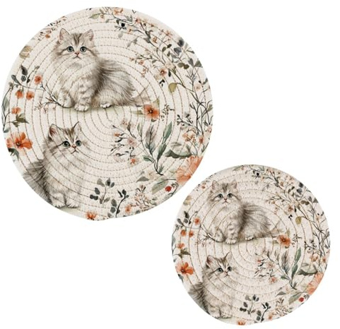 Cute Little Cats Wild Flowers Kitchen Trivets Pot Holders Set of 2, Trivets for Hot Pots Dishes Woven Trivet Coaster Pad Mat for Counter