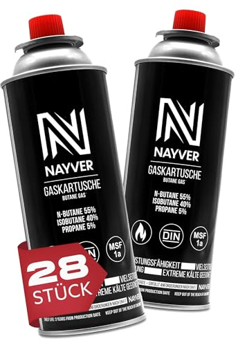 NAYVER 28x Butangas Gaskartuschen Ventilkartusche für Gasheizung Campingkocher Abflammgeräte MSF-1A (28 Stück)