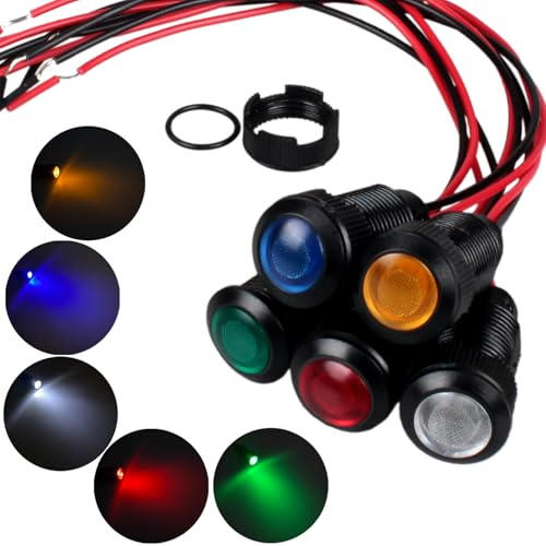 DMWD 5pcs 12mm 12V-24V LED Indicator Light Plastic Black Signal Dot Lamp 12V-24V 1/2 inches Mounting Hole Size with 15cm/5.9in. Wire (Mix:Red White Yellow Blue Green)