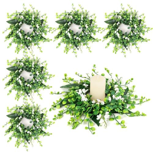 6 Pcs Green Boxwood Candle Rings Wreaths Mini Spring Summer Forsythia Wreath for Front Door Artificial Rings Wreaths with White Flowers for Pillar Porch Wall Window Farmhouse All Seasons Decor