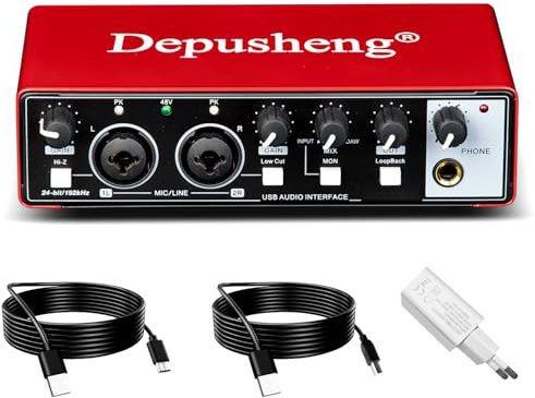 Depusheng USB-Audio-Interface, 24 Bit/192 kHz, 48 V Phantomspeisung, Plug & Play für Podcast/Gesang/Gitarre, PC/Mac/iOS-kompatibel, Rotes Metall