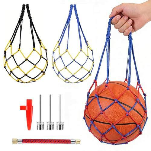 3 Pz Sacca da Pallone Grandi, Borsa Calcio, Rete per Palline Portatile, Borsa a Rete Nylon, Borse da Spiaggia in Rete per Basket Pallavolo Rugby, con 3 Aghi di Ferro, 1 Pompa, 1 Ugello di Gonfiaggio