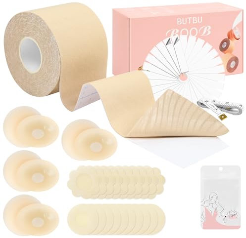 BUTBU Boob Tape, Breast Lift Tape for Large Breasts, Strapless Boobtapes with 8 Pcs Silicone Nipple Covers and 36 Pcs Double Sided Body Tape, Self-Adhesive Invisible Booby Tapes for A-G Cup