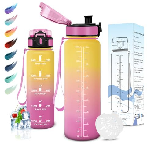 Motswedi Borraccia 1000/1500ml, Senza BPA, Borraccia Palestra, Prova di Perdite, Borracci Motivazionale, con Filtro, Sportiva, Bottiglia Acqua per Scuola, Palestra, Ufficio, Yoga, Giallo-Rosa