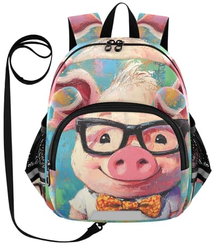 Eyeglasses Bowtie Pig Toddler Harness Backpack for Boys Girls 3-6 Years Kids Backpack with Anti Lost Safety Leash Baby Travel Bag for Travel Preschool Walking