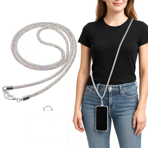 Ajcotahm Crossbody Phone Lanyard, Universal Phone Chain Anti-Theft Crossbody Strap Water Diamond Neck Phones Chain for Most Mobile Phones and Bags(Silver)