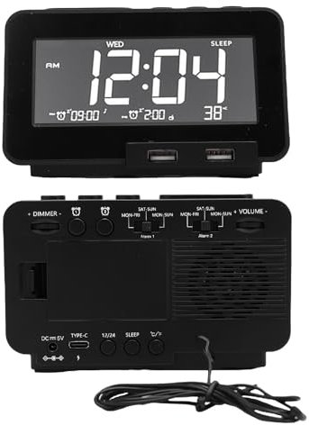 Jectse Reloj de Despertador Bluetooth Inalámbrico, Reloj de Escritorio de Ajuste de Brillo con Pantalla LCD, Radio FM con Altavoz Bluetooth, Soporte de Doble (Enchufe de la UE)