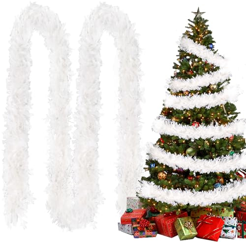 LOMIMOS 10 m Weihnachtsgirlande, Weihnachtsbaum, Schneeflocken, Dekoration, Weiß, Girlande, Metallic, Dekoration zum Aufhängen, für Weihnachten, Party, Geburtstag, Hochzeit