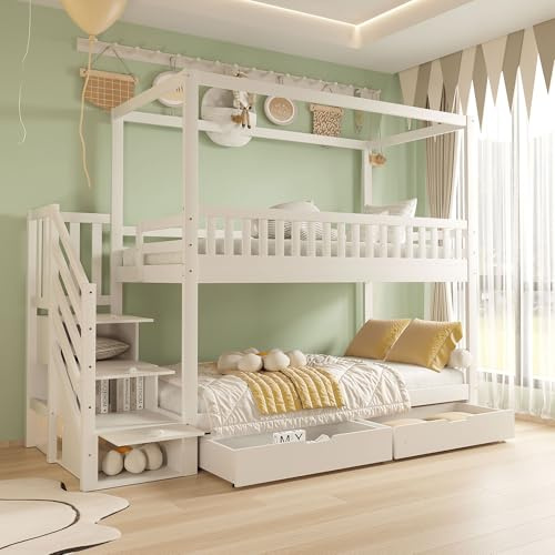 Kelodan Letto a castello, 90 x 200 cm, letto matrimoniale in legno massello, a forma di casa, con vano portaoggetti e scala di sicurezza, bianco, per ragazzi e ragazze