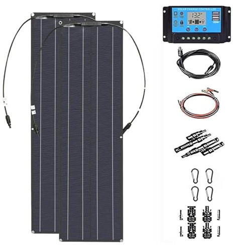 BLUEZY Panel Solar Flexible Portátil De 100W, 2 X 50 W, Kit De Sistema De Panel Solar Monocristalino Fuera De La Red, Controlador De Carga De 40 A, Placa Solar para RV, Remolque, Barco, Cabina 40A