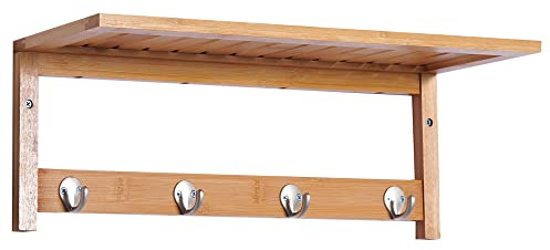 HOMCOM Wandgarderobe Garderobe mit 4 Haken Ablage, Wandmontage platzsparend Garderobenpaneel 5 kg belastbar, für die Wand Flur Schlafzimmer 50 x 16 x 17,5 cm Naturholz