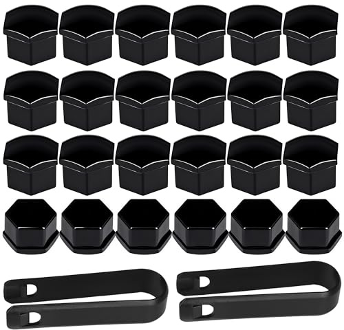 Xahpower Cache Ecrou 17mm, 24 Pièces Capuchon d'écrou de Roue avec 2 Outil Demontage, Cache-écrous de Pneu H exagonaux pour Voitures