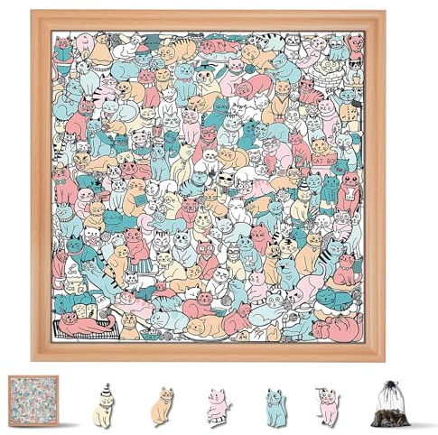 KaayeeWood Macaron-farbiges Holzpuzzle in Katzenform, 175 Teiliges Katzen Puzzle, Klassischer Quadratischer Rahmen,Unregelmäßiges Holzpuzzle Erwachsene,Geschenk für Katzenliebhaber, Deko (B)