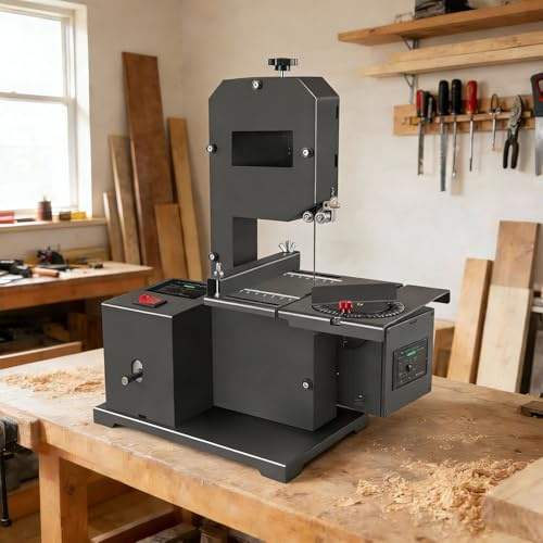 COAKUE Sierra de Cinta de Banco para Bricolaje, con Mesa inclinable para Metal (0-45°), Corte máximo de 70 mm, Garganta de 90 mm, para carpintería, Juego Completo de Accesorios.