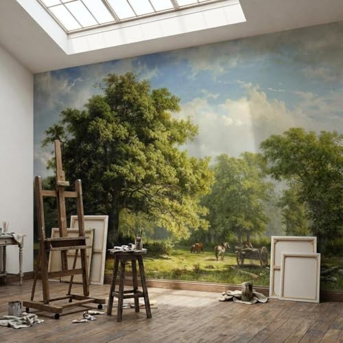Sunny Graphics Print Forest Work Scene Realistic Painting Printed Nature Wallpaper Photo Mural Wall Covering with Trees Horses Logs Home Office Decoration Poster