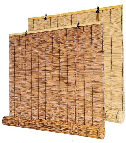 Privacy bamboo shades, outdoor bamboo blinds for patio, rattan roller shades custom blackout roll up reed blinds, waterproof privacy Cordless(Natural,165W x 110H cm)