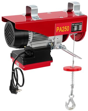 Cabrestante eléctrico de 250 kg, con mando a distancia, polipasto eléctrico doble, motor de 550 W, cable de acero de 12 m, 2 correas de transporte, protección IP40, para obras, taller, almacén (rojo)