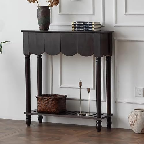 CHBMZ Tavolo Console con Cassetti, Tavolo d’Ingresso Stretto 84/118cm con Gambe Tornite, Tavolo Sofa Farmhouse in Legno Massello con Scaffale Inferiore, Mobile Classico Vintage(Black,84cm/33in)