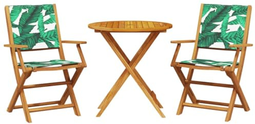 Qnhdfrt 3-TLG. Bistro-Set aus massivem Akazienholz, klappbare Gartenmöbel-Garnitur mit rundem Gartentisch und 2 Gartenstühlen mit Blattmuster, für Balkon Terrasse und Garten
