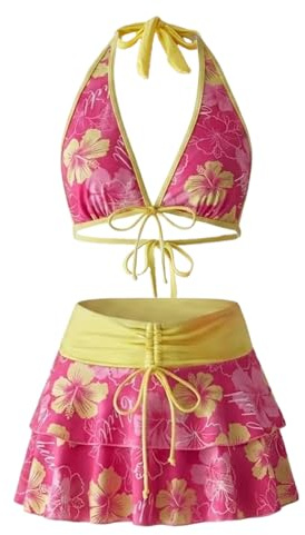 Women's 3 Piece Bikini Set V Neck Halter Backless Swimsuit With Cover Up Ruffle Swim Skirts Light(Pink and Yellow,Medium)