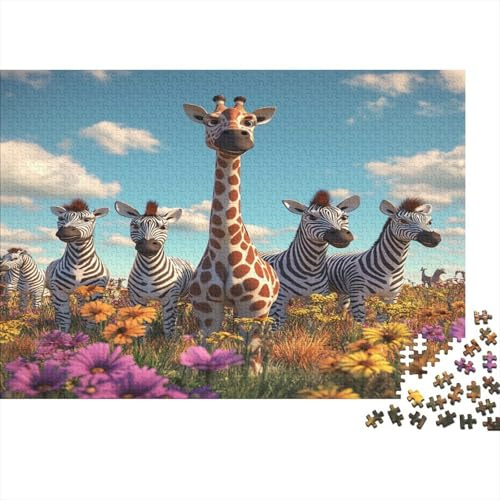 Branco di Giraffe Africane Puzzle 1000 Pezzi Carta per Adulti Prato Fiorito Gioco di Puzzle 1000 Pezzi Decorazione Casa Relax Regalo 52x38cm/1000pcs