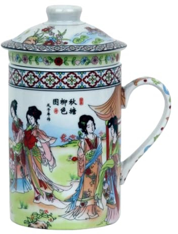 Keramisk tekopp med lock + sil för löst te med asiatiskt motiv (grön äng, 137) japansk kinesisk kopp för teälskare, porslin kaffe presentset Asien Asien kopp havre