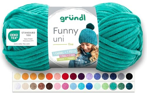 Gründl Wolle Funny uni Chenille Wolle 1 Knäuel 100 g, Smaragd | dicke weiche Chenille Wolle zum Häkeln - Kuschelig und hautfreundlich - 100 % Polyester - 100 g / 120 m - Nadelstärke 5 - 6