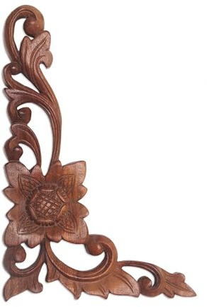 NOVICA Artisan Handcarved Wood Relief Panel Floral Suar from Bali Brown Indonesia Wall Decor Panels [12in H x 7.75in W x 1in D] ' Climbing Flower'