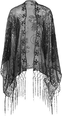 inlzdz Damen Pailletten Umschlagtücher Stola für Abendkleid 1920s Retro Schal Hochzeit Party Braut Schal Gatsby Kostüm Accessoires Schwarz One Size