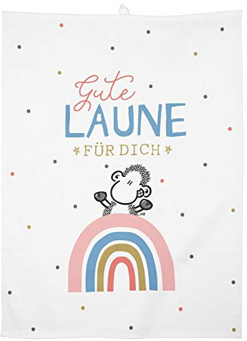 Sheepworld Geschirrtuch Motiv Gute Laune | Baumwolle, 60 cm x 45 cm, farbiger Motivdruck | Geschenk, Küche, Kochen, Grillen | 47091