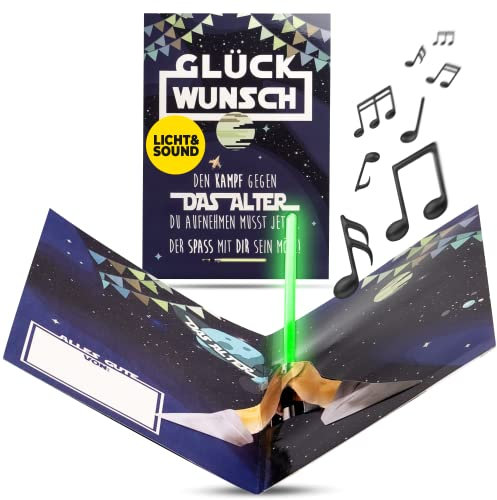 bentino PopUp Musikkarte Lichtschwert, MEGA Überraschungseffekt, Grußkarte mit Sound und Lichteffekt, DIN A5 Set mit Umschlag, lustige Glückwunschkarte