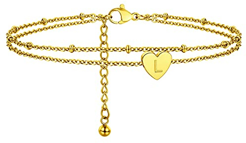 PROSTEEL Anklets for Women Waterproof Initial L Letter Heart Ankle Bracelet Jewellery Adjustable Double-Layer Foot Chain for Beach Summer Gold Plated (with Gift Box)